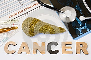 Pancreas cancer concept. Anatomical shape of pancreas lies near letters composing word cancer surrounded by set of tests, analysis photo