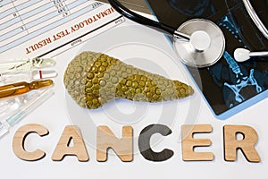 Pancreas cancer concept. Anatomical shape of pancreas lies near letters composing word cancer surrounded by set of tests, analysis