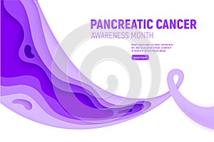 Pancreatic cancer awareness month paper cut concept. Paper art purple ribbon - November health care symbol