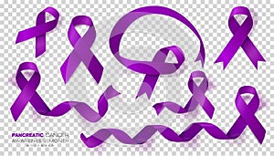 Pancreatic Cancer Awareness Month. Purple Color Ribbon Isolated On Transparent Background. Vector Design Template For