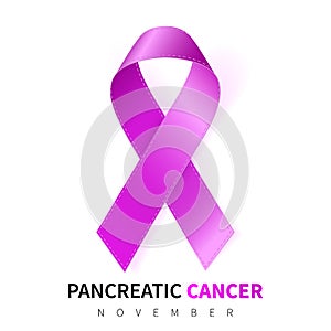 Pancreatic Cancer Awareness Month. Realistic Purple ribbon symbol. Medical Design. Vector illustration