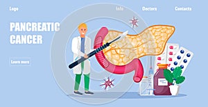 Pancreatitis concept vector for medical website, app. Pancreas doctors examine. Oncologist surgeon performs an operation