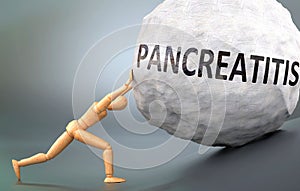 Pancreatitis and painful human condition, pictured as a wooden human figure pushing heavy weight to show how hard it can be to