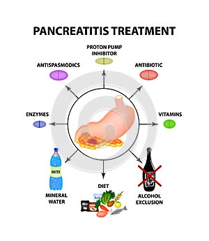 Pancreatitis treatment. The structure of the stomach and pancreas. Infographics. Vector illustration on isolated