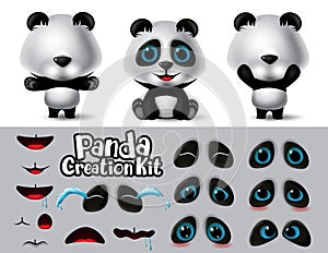 Panda animals character creator vector set. Pandas character editable eyes and mouth create kit with different expression.