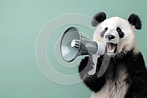 Panda announcing using megaphone. Notifying, warning, announcement photo