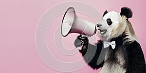 Panda announcing using megaphone. Notifying, warning, announcement photo