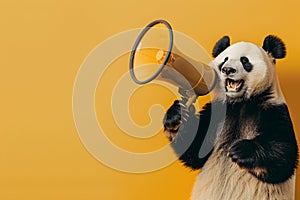 Panda announcing using megaphone. Notifying, warning, announcement photo