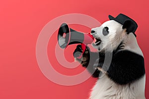 Panda announcing using megaphone. Notifying, warning, announcement photo