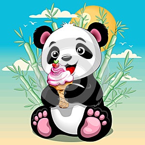 Panda Baby Cute Character eating strawberry ice cream with bamboo background vector illustration