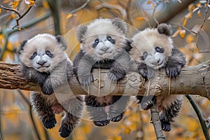 Panda Baby group of animals hanging out on a branch, cute, smiling, adorable Generative AI