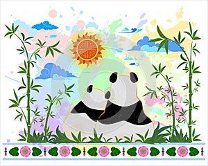 Panda on a background of colored blots in a watercolor style