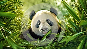 panda in bamboo forest in nature, banner made with Generative AI