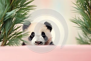 Panda bear above empty banner looking at camera. World wildlife day or National panda day banner. Flyer design with cute