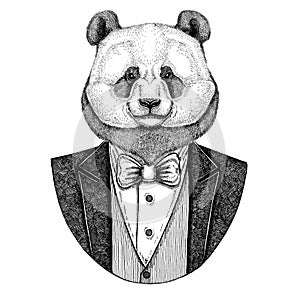 Panda bear, bamboo bear Hipster animal Hand drawn image for tattoo, emblem, badge, logo, patch