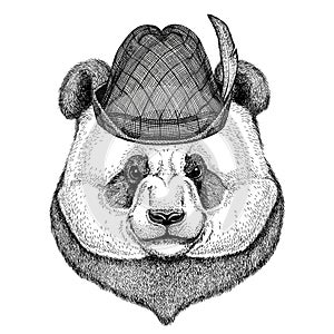 Panda bear, bamboo bear Wild animal wearing tirol hat Oktoberfest autumn festival Beer fest illustration Bavarian beer