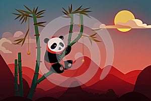 a panda bear climbing a bamboo tree in the desert at sunset