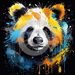 Panda bear with colorful paint splashes on black background. Generative AI