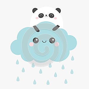 Panda bear face holding cloud in the sky. Rain drop. Cute cartoon kawaii funny smiling baby character. Nursery decoration. Kids