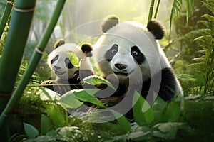Panda bear family enjoying bamboo feast in the bamboo forest, showcasing the adorable black and white mammal in its natural photo