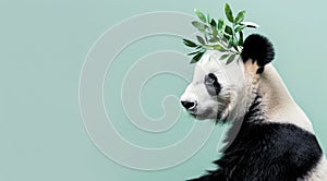 Panda bear with green leaves on head