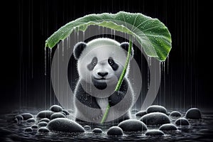 panda bear is holding an umbrella in the rain
