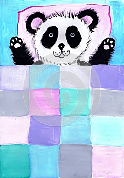 The panda bear lies under a checkered blanket. Children`s drawing