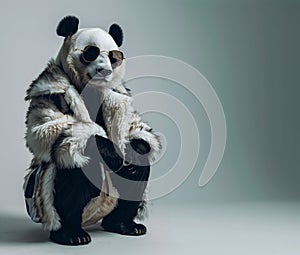 Panda Bear in luxury wealthy fancy chic luxurious impeccable Fur feather fabric outfits isolated on bright background