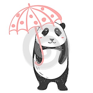 Panda bear with pink umbrella. Illustration about animals for children design. Cartoon style.