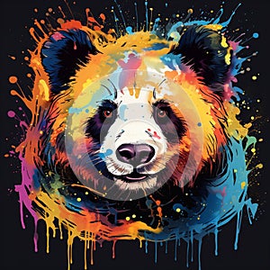 Panda bear portrait with colorful splashes on black background. Generative AI