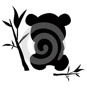 Panda bear silhouette with bamboo branches with leaves in its paws, isolated on white background. Clipart, design element