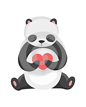 Panda bear sits and holds heart. Cute big panda character. Asian wildlife cartoon animal. Adorable jungle wild mammal