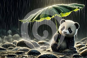 panda bear is sitting in the rain with an umbrella