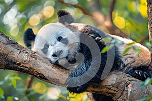A panda bear sleeping on a tree branch. Generative AI