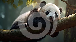 Panda Bear Sleeping on a Tree Branch. Panda bear sitting in tree