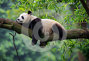 Panda Bear Sleeping on a Tree Branch with paws Hanging Down AI Generated