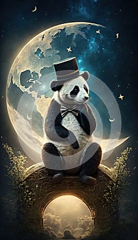 panda bear wearing a bow tie and top hat, sitting on a crescent moon in a starry night sky smartphone phone original fantasy