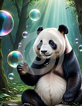 Panda with Bubbles in Mystic Forest