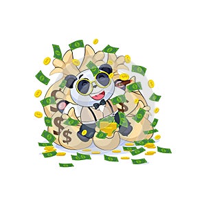 Panda in business suit lies happy on bags money