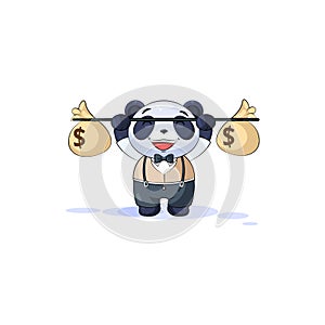 Panda in business suit raises barbell bags money