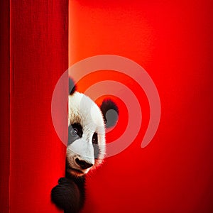 A panda carefully peeks out from the corner, generative AI