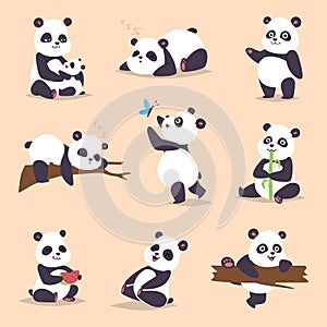 Panda cartoon character in various expression vector animal white cute china black panda bear giant mammal fat