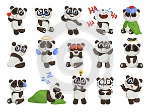 Panda character. Cute baby bear mascot with funny happy smile face. Asian wild animal laughing or sleeping. Cartoon teddy with