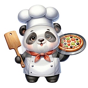 Panda Chef with Pizza watercolor Clipart AI Generate