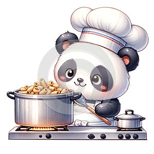 Panda Chef with a pot of boiling pasta watercolor Clipart AI Generate