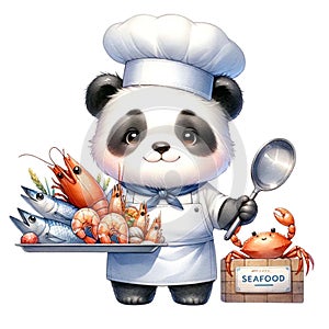 Panda Chef with a tray of fresh seafood watercolor Clipart AI Generate