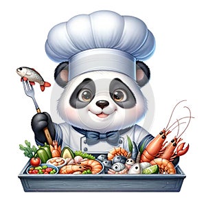 Panda Chef with a tray of fresh seafood watercolor Clipart AI Generate