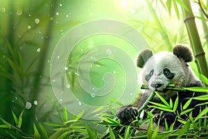 Panda chewing bamboo in bamboo forest on blurred background