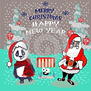 Panda Christmas hat and scarf. Vector illustration for greeting card, poster, or print on clothes. Christmas and New