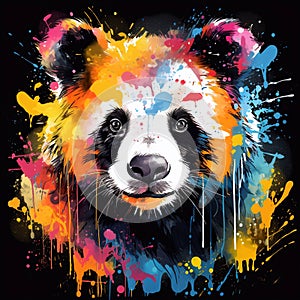 Panda with colorful splashes on black background. Generative AI